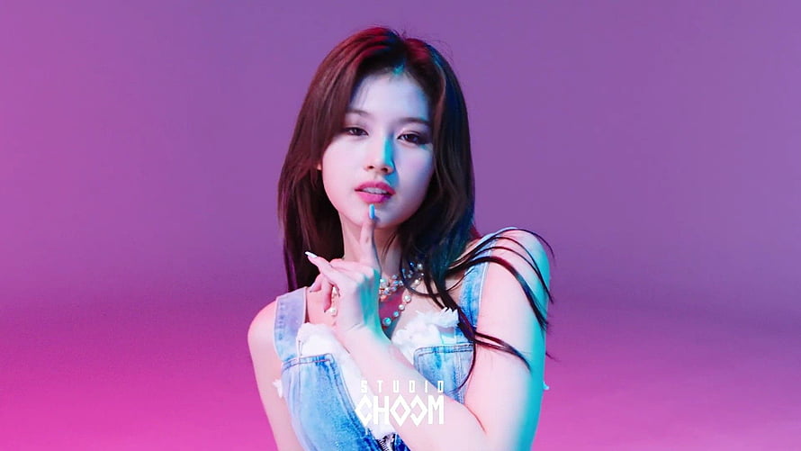 Sana from TWICE in Denim Outfit with Neon Pink and Blue Studio Lighting HD wallpaper