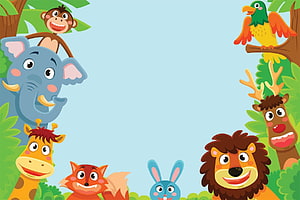 Cute Cartoon Jungle Animals Frame With Elephant, Lion, Monkey, Giraffe, Fox, Rabbit, Deer, and Parrot on Blue Background HD wallpaper