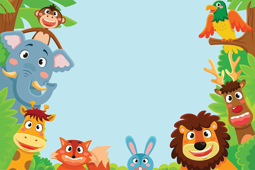 Cute Cartoon Jungle Animals Frame With Elephant, Lion, Monkey, Giraffe, Fox, Rabbit, Deer, and Parrot on Blue Background HD wallpaper
