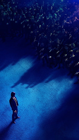 John Wick Facing a Massive Crowd of Gunmen in Blue Lighting HD phone wallpaper