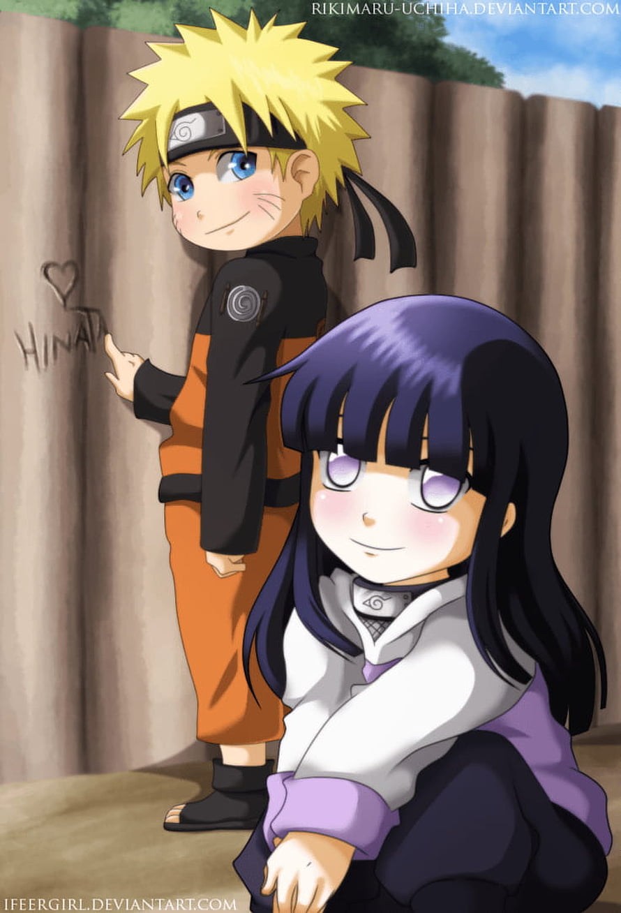 Naruto and Hinata Chibi Anime Illustration with Heart Carved in Wooden Fence HD phone wallpaper