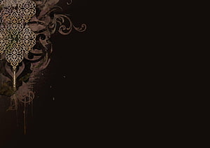 Dark Grunge Ornamental Pattern with Gold Filigree and Ink Splatter on Black Background HD wallpaper