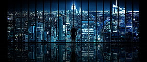 Silhouette of a businessman standing in a high-rise office overlooking a glowing city skyline at night, The Best 24 Super Ultrawide 5120X1440 HD wallpaper