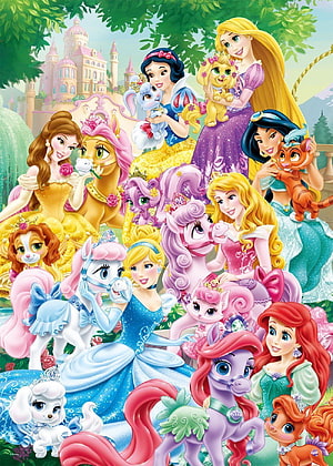 Disney Princess and Palace Pets Group Portrait with Castle Background HD phone wallpaper