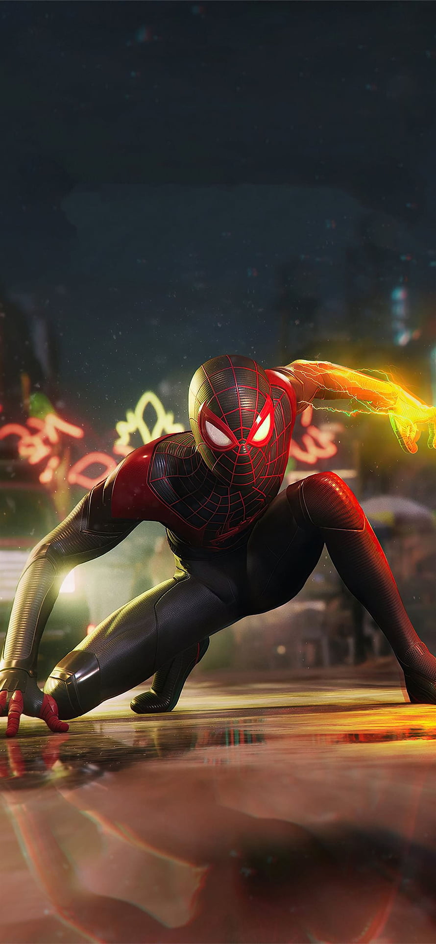 Miles Morales Spider-Man in Black and Red Suit Crouching with Electric Web in Rainy City, 2020 marvels spider man miles morales new X, miles morales HD phone wallpaper