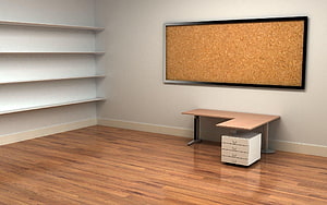 Minimalist Home Office Interior With Wooden Floor, L-Shaped Desk, And Cork Bulletin Board HD wallpaper