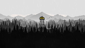 Firewatch Watchtower in Misty Pine Forest Under Rainy Grey Sky HD wallpaper