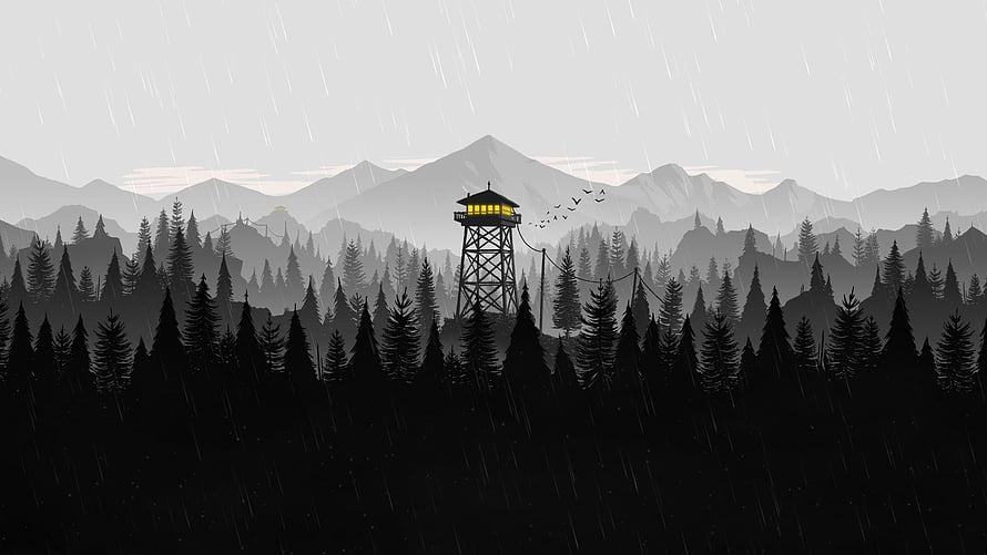 Firewatch Watchtower in Misty Pine Forest Under Rainy Grey Sky HD wallpaper