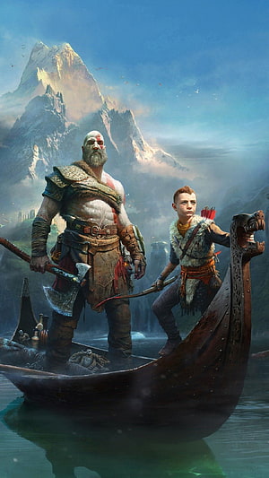 Kratos and Atreus in a Viking Longship with Snowy Mountains Background HD phone wallpaper