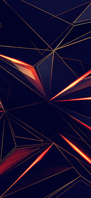 Abstract Geometric Lines With Glowing Orange And Red Neon Accents On Dark Blue Background HD phone wallpaper