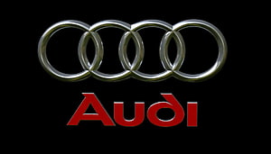 Audi Four Rings Emblem with Red Wordmark on Black Background HD wallpaper