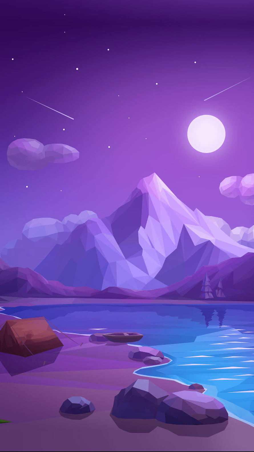 Low Poly Night Landscape with Moonlit Lake, Snowy Mountains, and Camping Tent HD phone wallpaper