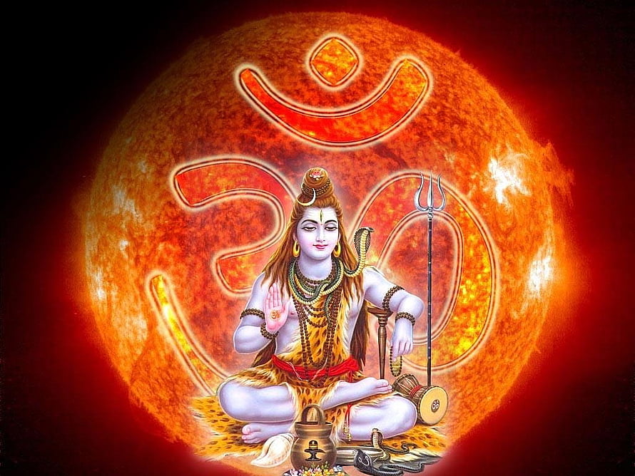 Lord Shiva Meditating with Om Symbol and Trishul Against a Fiery Sun Background HD wallpaper