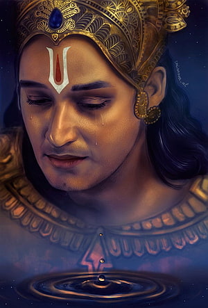 Emotional Portrait of Lord Krishna Crying with Golden Crown and Sacred Tilak HD phone wallpaper