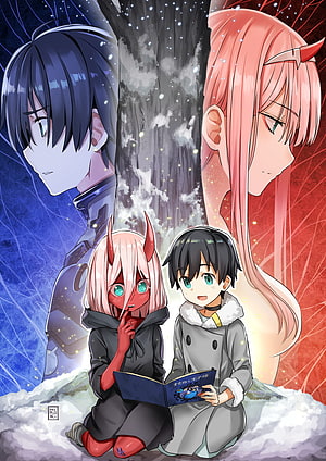 Chainsaw Man Denji and Power reading a book in the snow with adult versions in background, : Zero Two and Hiro Anime: Darling in the FranXX, anime zero two hiro HD phone wallpaper