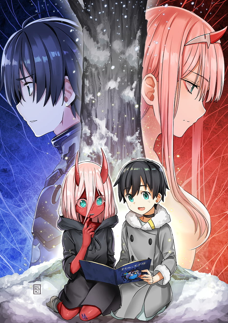 Chainsaw Man Denji and Power reading a book in the snow with adult versions in background, : Zero Two and Hiro Anime: Darling in the FranXX, anime zero two hiro HD phone wallpaper