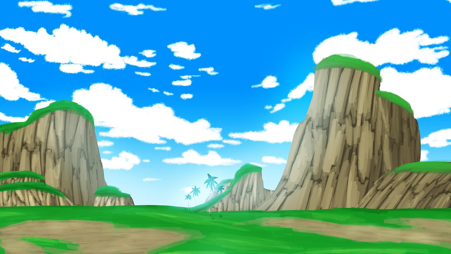 Anime Style Grassland With Rocky Cliffs And Blue Sky HD wallpaper