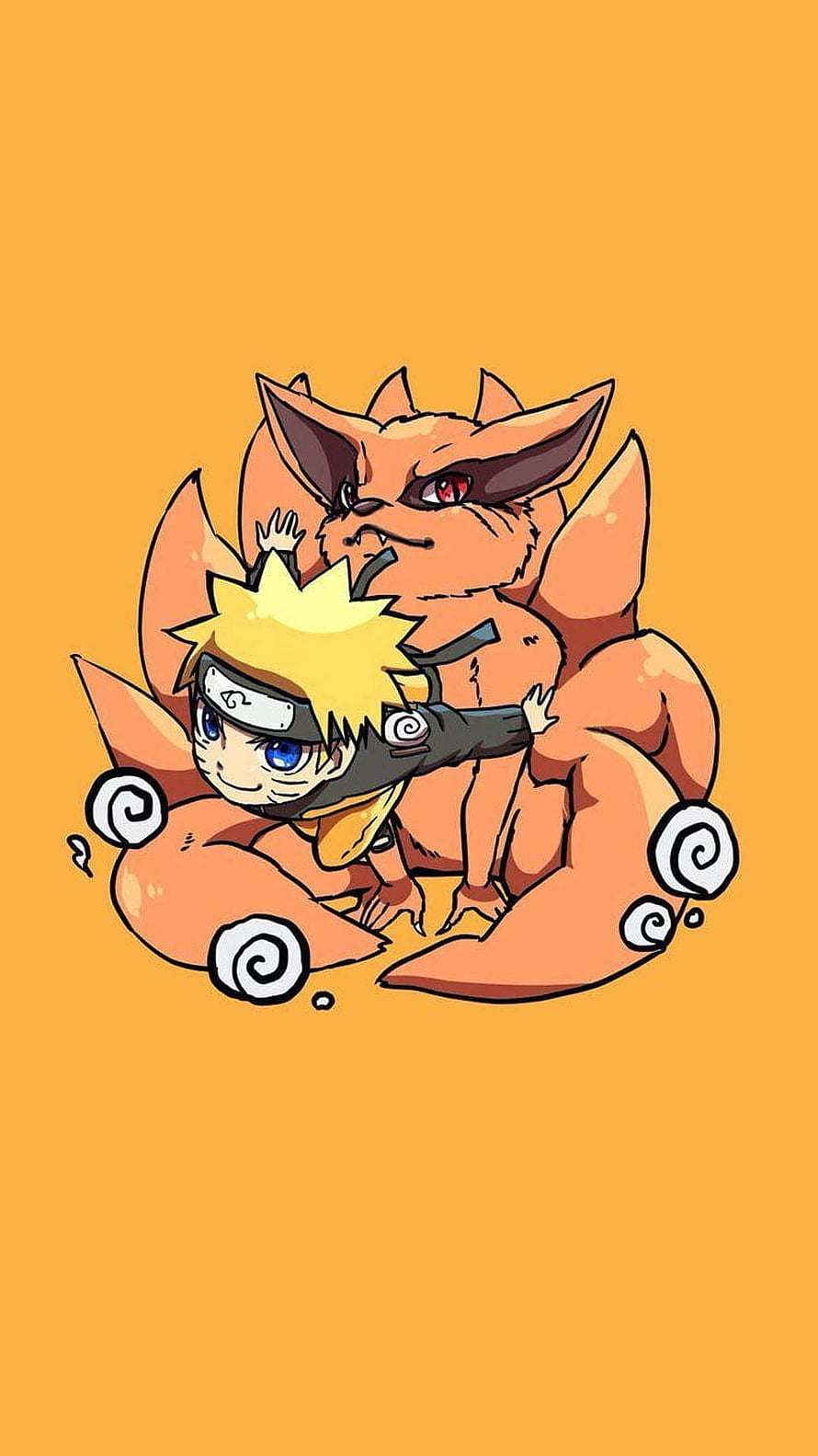 Cute Chibi Uzumaki Naruto and Kurama the Nine-Tailed Fox on Orange Background HD phone wallpaper