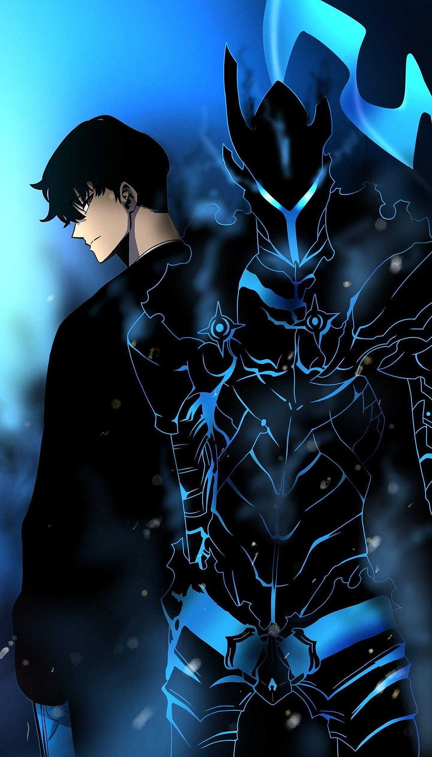 Solo Leveling Sung Jinwoo with Blue Shadow Army Guardian Anime Style Wallpaper HD phone wallpaper