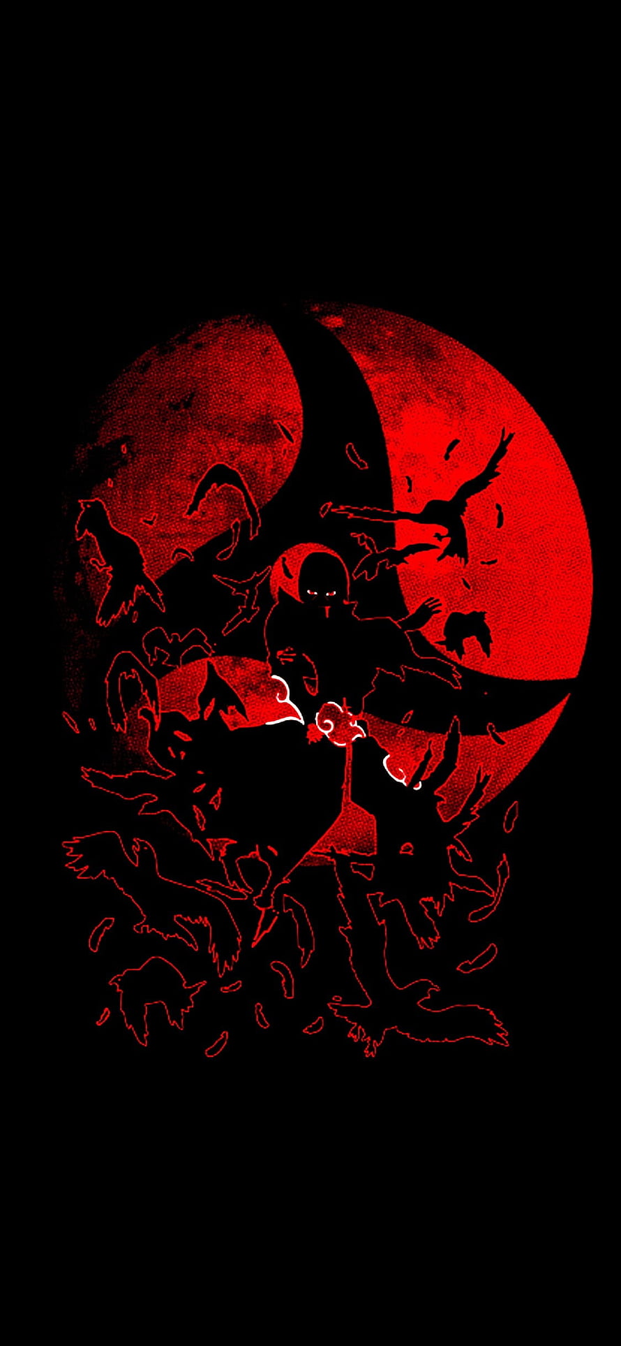 Mangekyou Sharingan Uchiha Clan Symbol with Crows and Red Moon HD phone wallpaper
