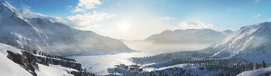 Snow-Covered Mountain Valley with Frozen Lake and Pine Forest Under Bright Winter Sun HD wallpaper