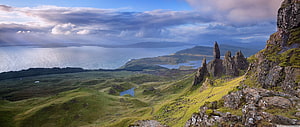 Old Man of Storr on Isle of Skye with dramatic coastal cliffs and green highlands, Old Man of Storr, Isle of Skye, Scotland Ultra, #scotland HD wallpaper