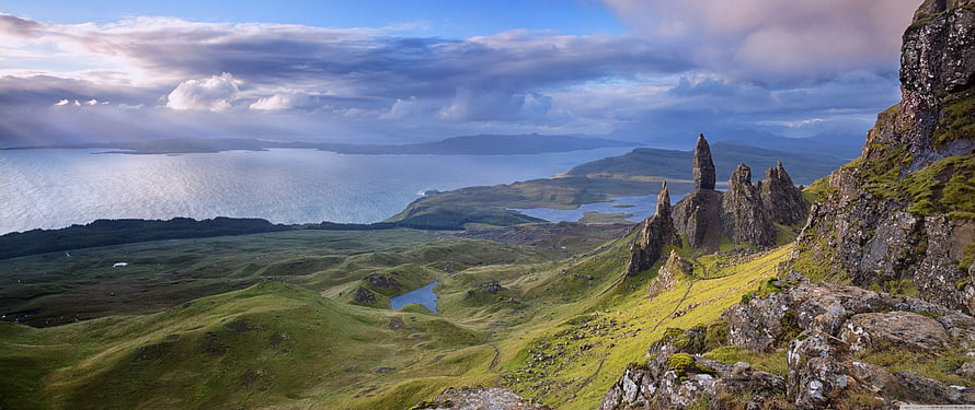 Old Man of Storr on Isle of Skye with dramatic coastal cliffs and green highlands, Old Man of Storr, Isle of Skye, Scotland Ultra, #scotland HD wallpaper