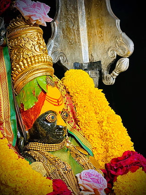 Tuljabhavani Devi Murti Adorned With Marigold Garland And Gold Jewelry HD phone wallpaper