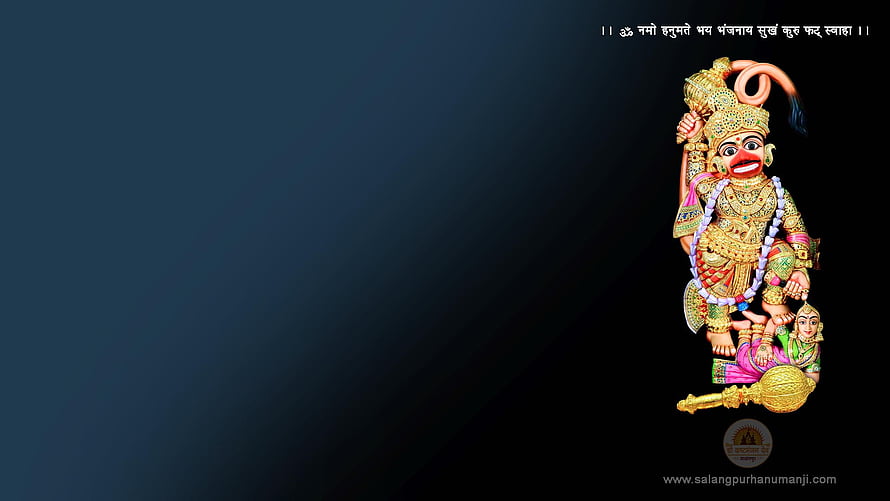 Hindu deity Hanuman standing triumphantly over demoness Mahishasura with golden mace on dark blue background, Welcome to Kashtbhanjandev Temple, kastbhanjan HD wallpaper