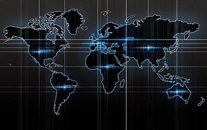 Futuristic Digital World Map With Blue Neon Grid Lines And Glowing Continents HD wallpaper