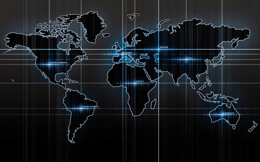 Futuristic Digital World Map With Blue Neon Grid Lines And Glowing Continents HD wallpaper