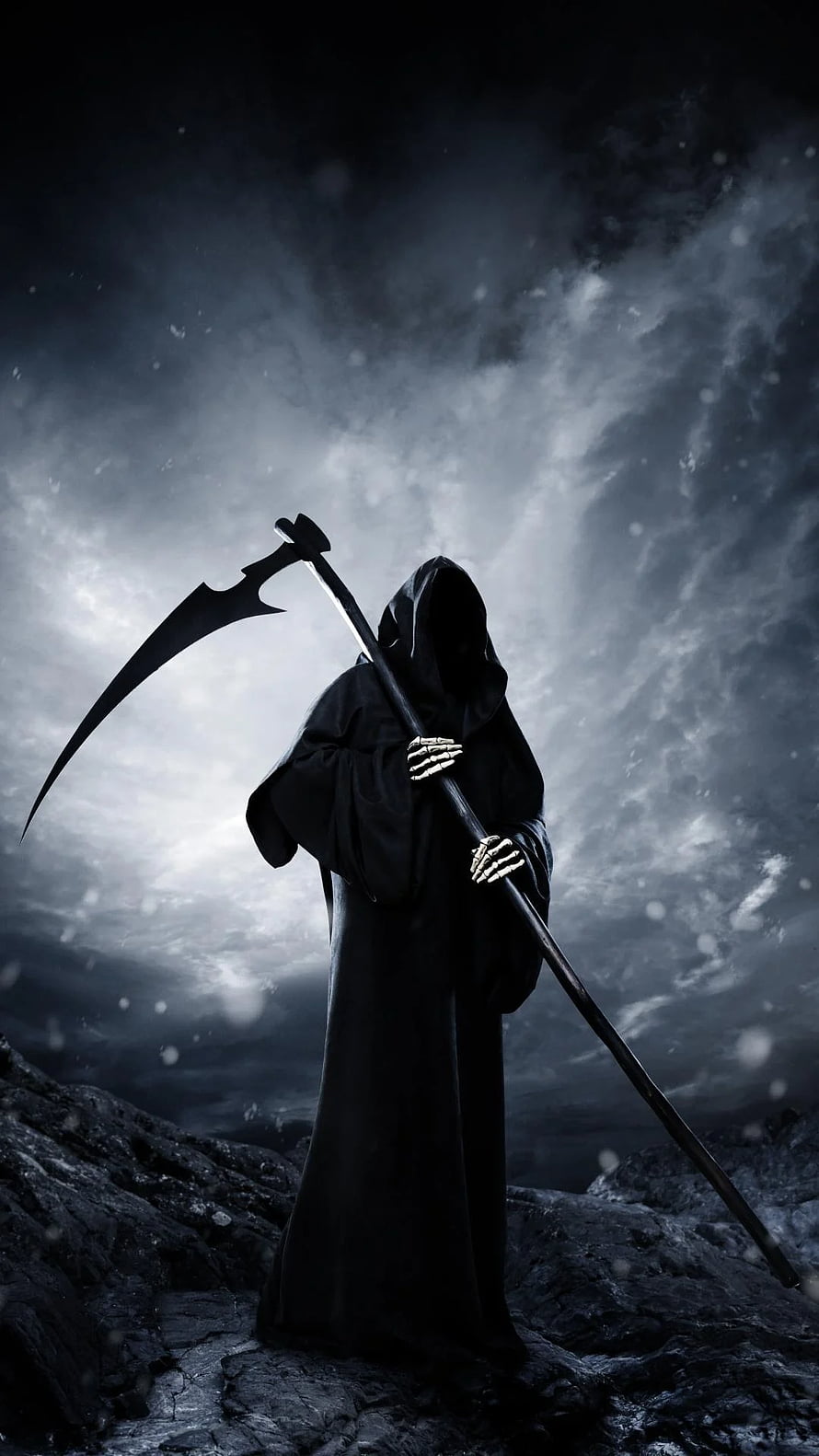 Grim Reaper Skeleton Holding Scythe in Dark Stormy Sky HD phone wallpaper