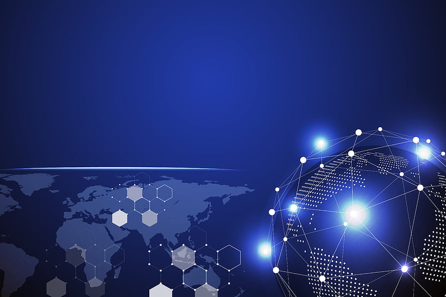 Futuristic Digital Globe with Network Nodes and Hexagonal Patterns on Deep Blue Background HD wallpaper