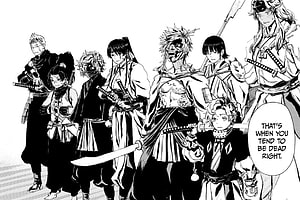 Hell's Paradise Jigokuraku manga panel featuring the main cast of samurai warriors and demons HD wallpaper