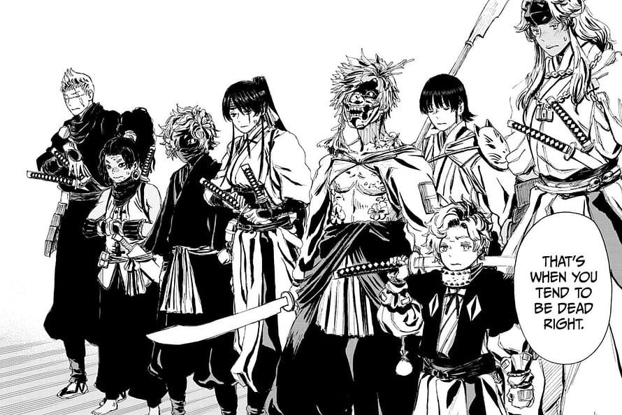 Hell's Paradise Jigokuraku manga panel featuring the main cast of samurai warriors and demons HD wallpaper