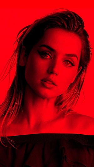 Ana De Armas Dramatic Red Portrait with Bold Makeup and Off-Shoulder Top HD phone wallpaper