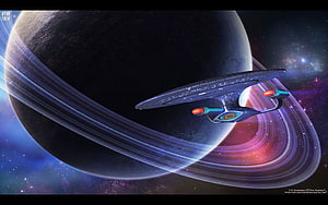Star Trek USS Enterprise NCC-1701-D Cruising Past a Ringed Planet in Deep Space HD wallpaper