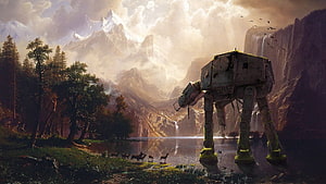 Star Wars AT-AT Walker Standing in a Misty Mountain Valley with Deer and Waterfall HD wallpaper