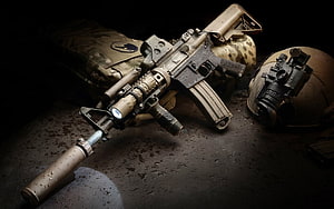 Tactical Military Rifle with Night Vision Helmet and Camouflage Gear HD wallpaper