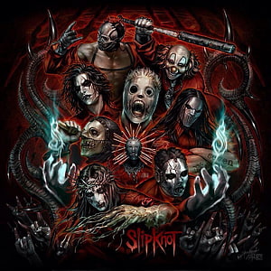 Slipknot Band Members in Iconic Masks with Dark Red and Black Fantasy Art Style HD phone wallpaper