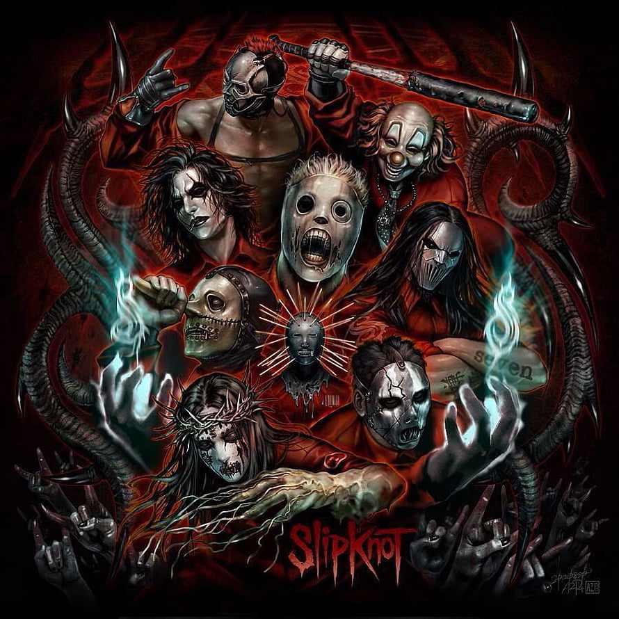 Slipknot Band Members in Iconic Masks with Dark Red and Black Fantasy Art Style HD phone wallpaper
