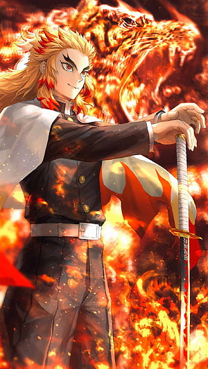 Kyojuro Rengoku from Demon Slayer Wielding Nichirin Sword Amidst Roaring Flame Tiger HD phone wallpaper