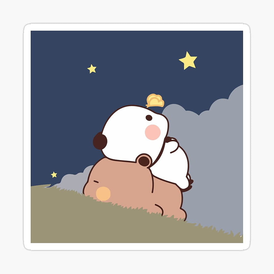 Cute Cartoon Panda and Bear Hugging Under Starry Night Sky Illustration HD phone wallpaper