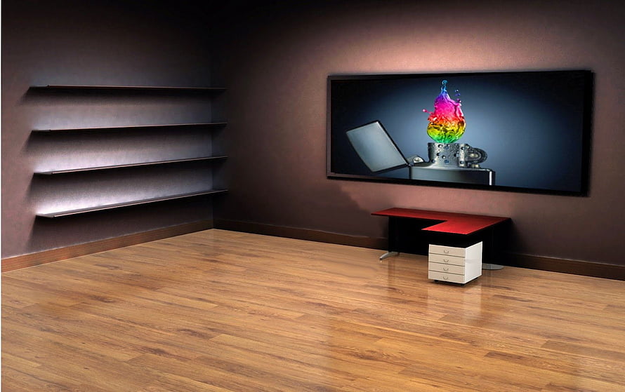 Modern minimalist home office interior with wooden flooring, dark walls, floating shelves, and a large wall-mounted screen displaying colorful abstract art HD wallpaper