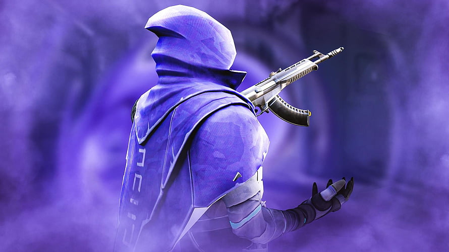Fortnite Purple Hooded Character with AK-47 Assault Rifle in Misty Atmosphere HD wallpaper