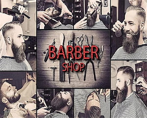 Vintage Barber Shop Collage Featuring Bearded Men Getting Haircuts and Shaves HD wallpaper