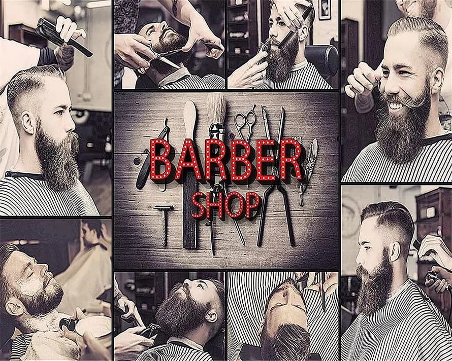 Vintage Barber Shop Collage Featuring Bearded Men Getting Haircuts and Shaves HD wallpaper