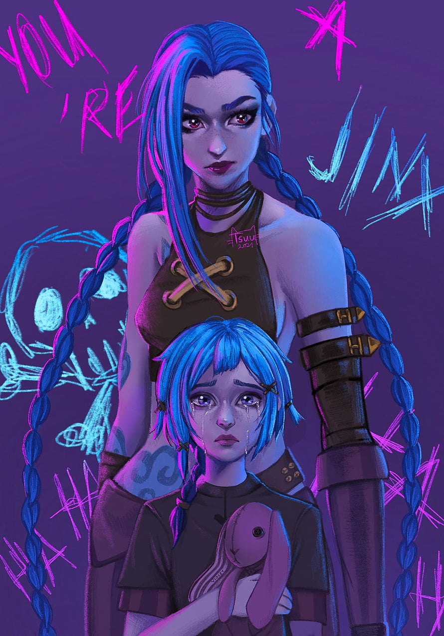Jinx and Powder from Arcane in a moody digital illustration with neon purple and blue tones HD phone wallpaper