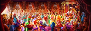 Vibrant Indian Royal Court Scene With King On Throne And Colorful Courtiers HD wallpaper