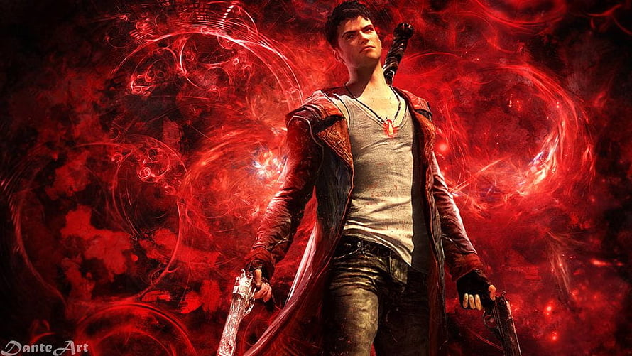 Devil May Cry Dante Dual Wielding Guns Amidst Swirling Red Inferno Energy HD wallpaper